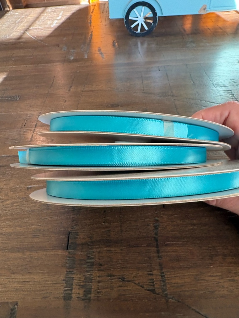 Turquoise Satin Ribbon Spools - 3 Pack 3/8” x 100 yards in each spool. New.